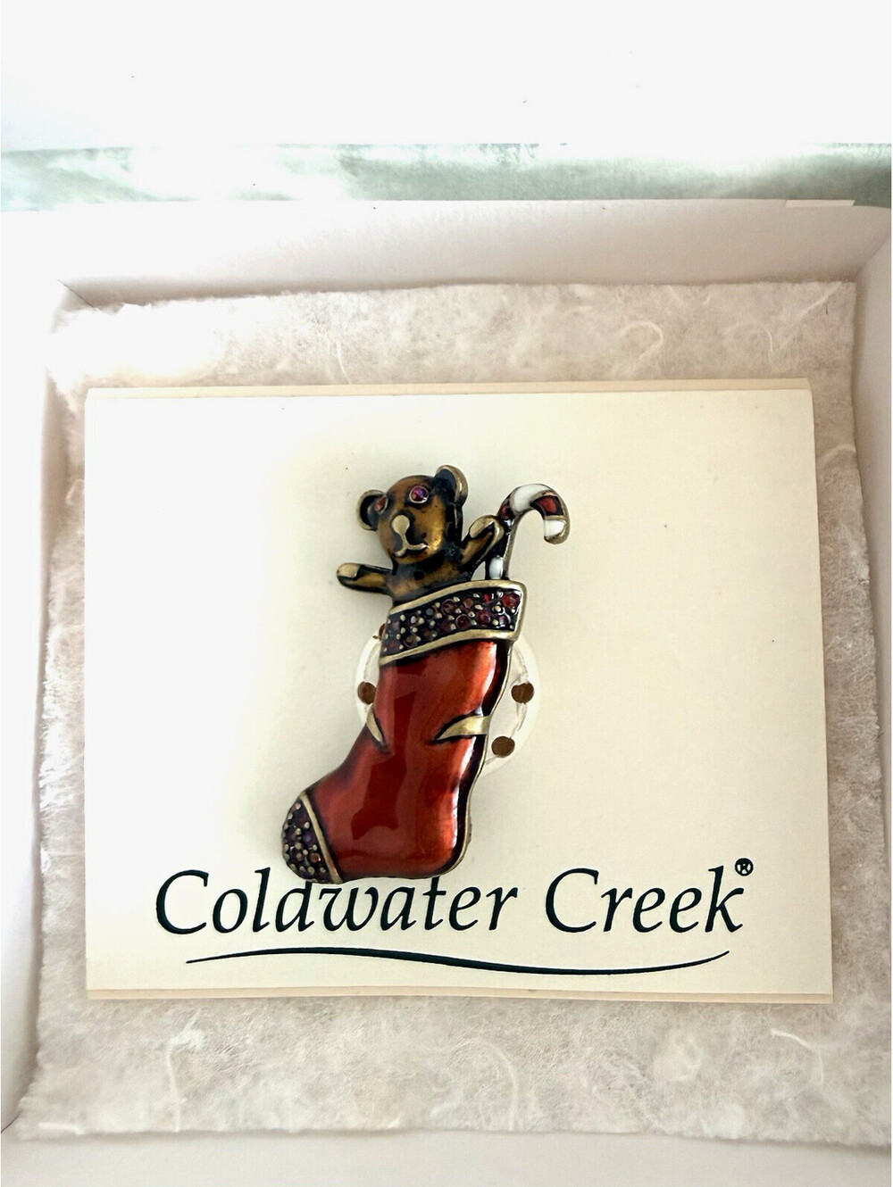 Coldwater Creek Christmas Teddy Bear Stocking Brooch Pin Enamel Rhinestone Box
